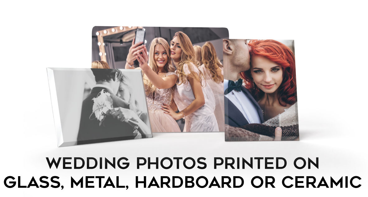 Wedding photos printed on glass, metal, hardboard & tile